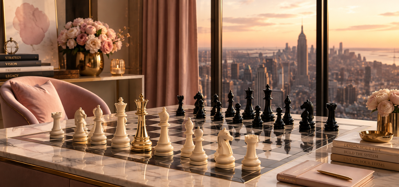 Elegant chessboard representing systems thinking, strategy, and intentional business design